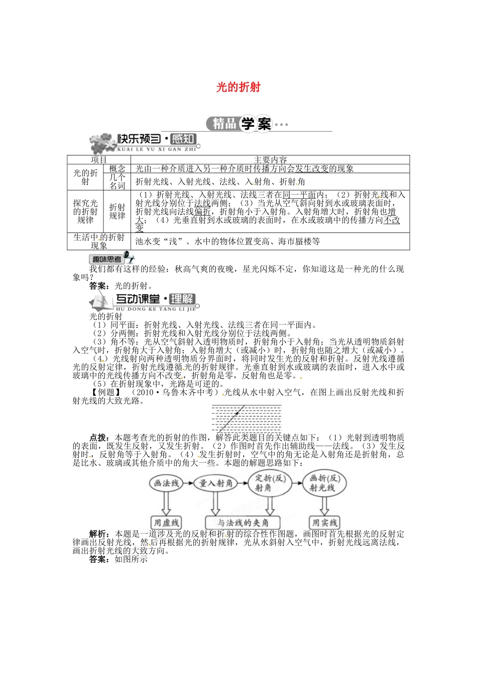 辽宁省凌海市石山初级中学八年级物理上册 5.4 光的折射同步学案 （新版）北师大版_第1页