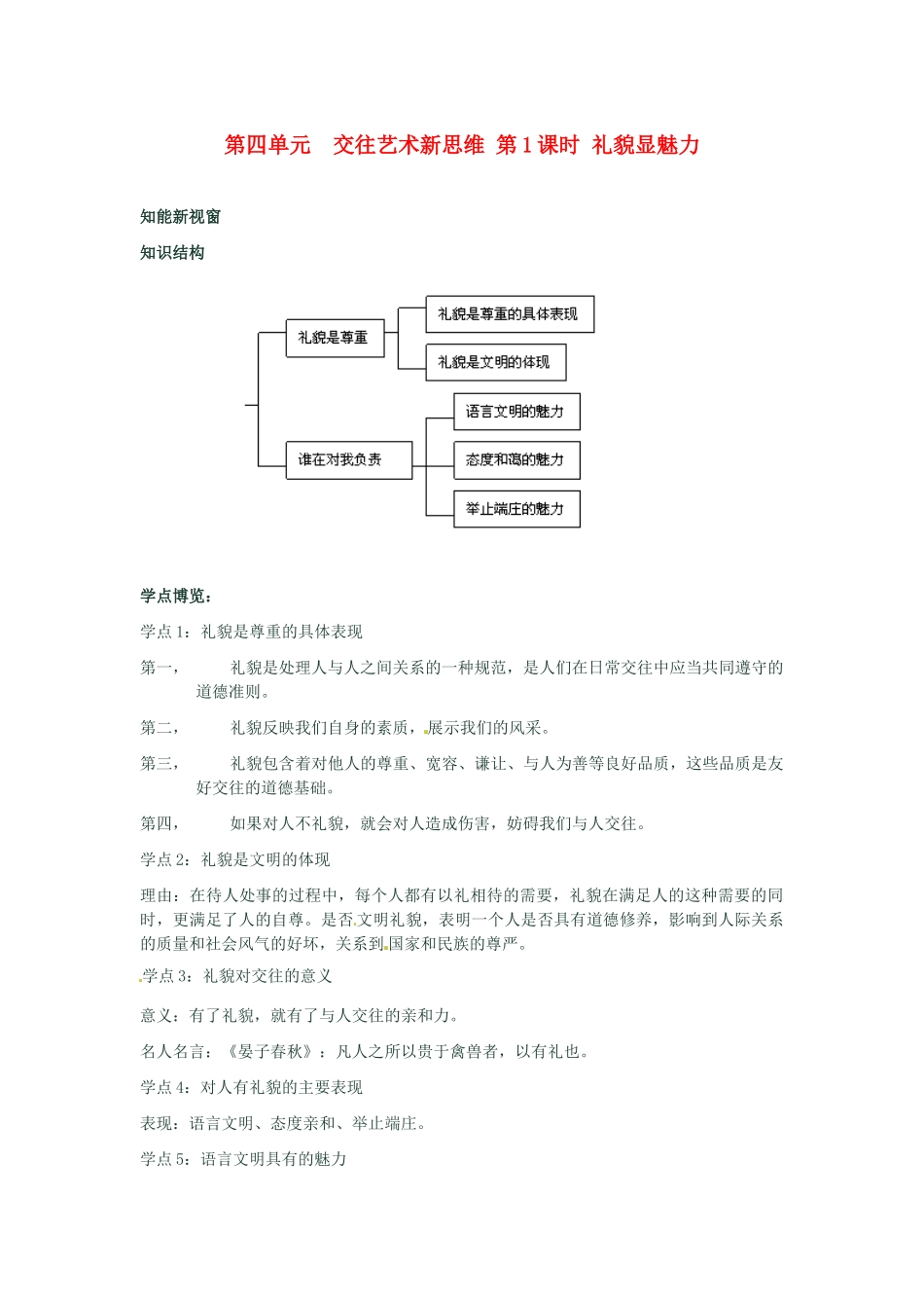 河南省新乡县高级中学八年级政治上册 第四单元 交往艺术新思维 第1课时 礼貌显魅力教学案 新人教版_第1页