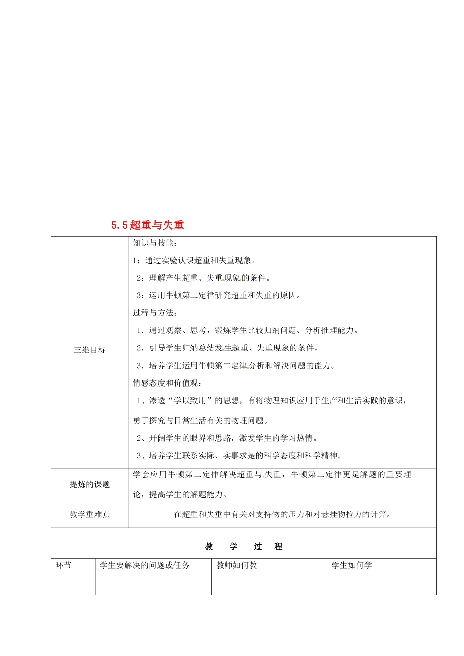 高中物理 第5章 研究力和运动的关系 5.5 超重 失重教案 沪科版必修1-沪科版高一必修1物理教案_第1页