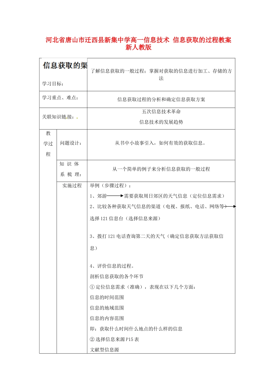 河北省唐山市迁西县新集中学高一信息技术 信息获取的过程教案 新人教版_第1页