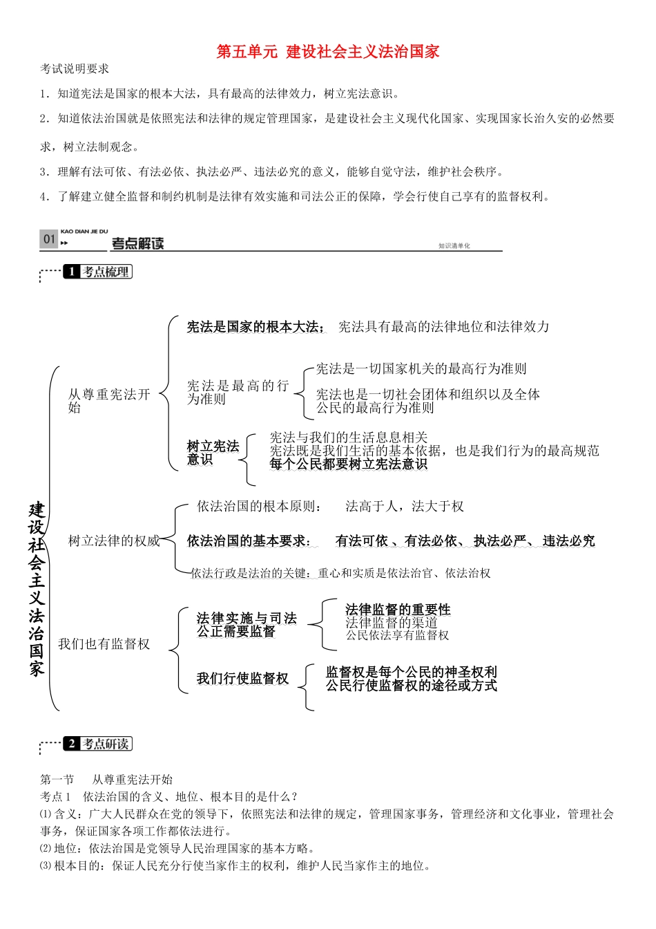 春中考政治 考点梳理复习 八下 第五单元 建设社会主义法治国家学案 湘教版-湘教版初中九年级全册政治学案_第1页