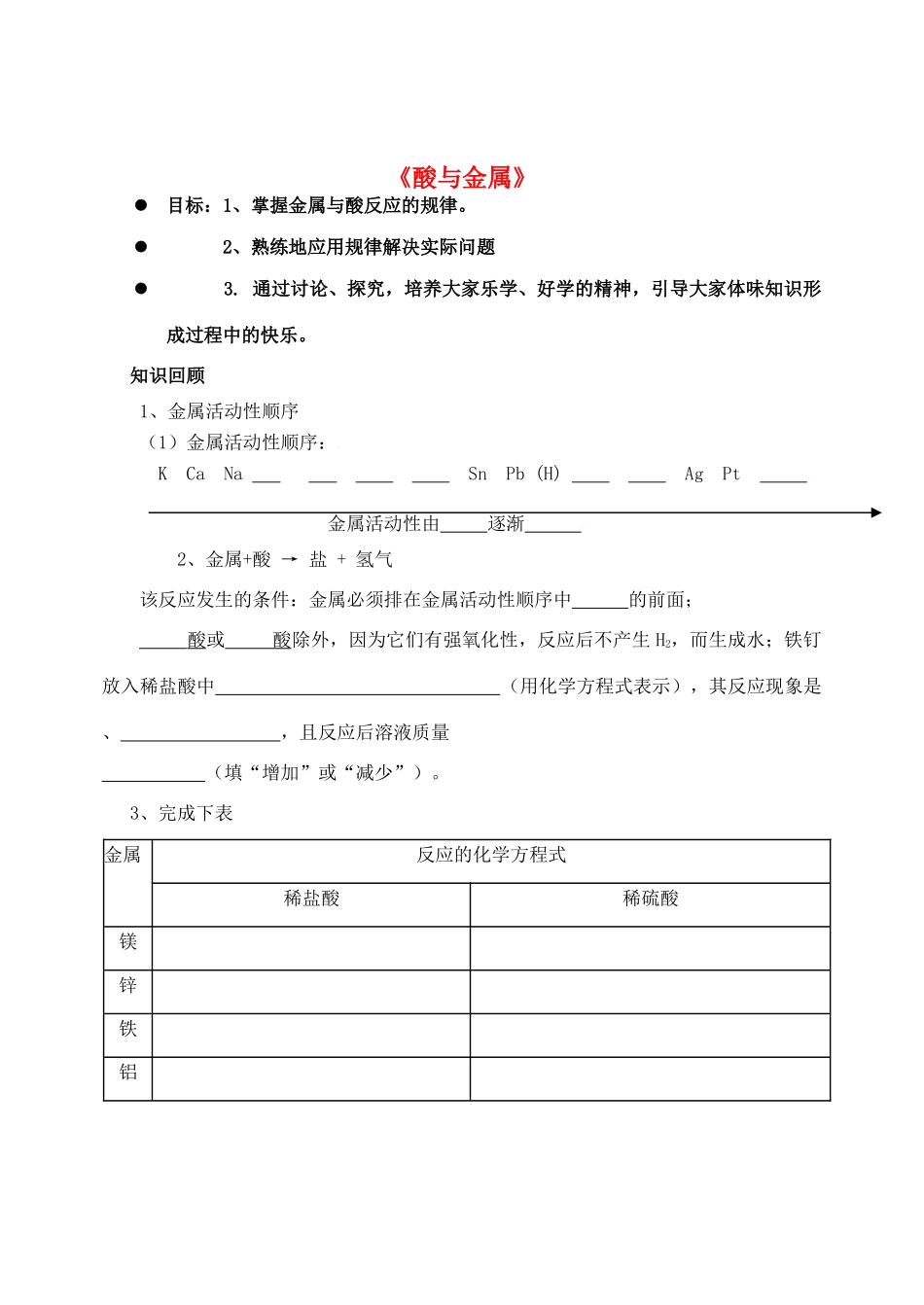 中考化学 酸与金属学案_第1页
