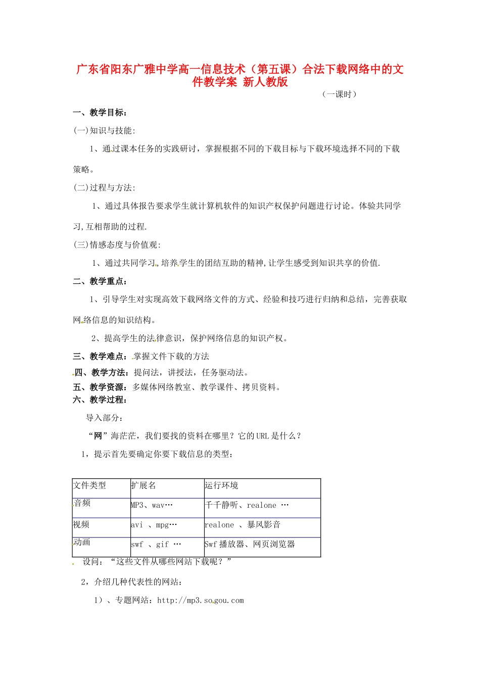 广东省阳东广雅中学高一信息技术（第五课）合法下载网络中的文件教学案 新人教版_第1页