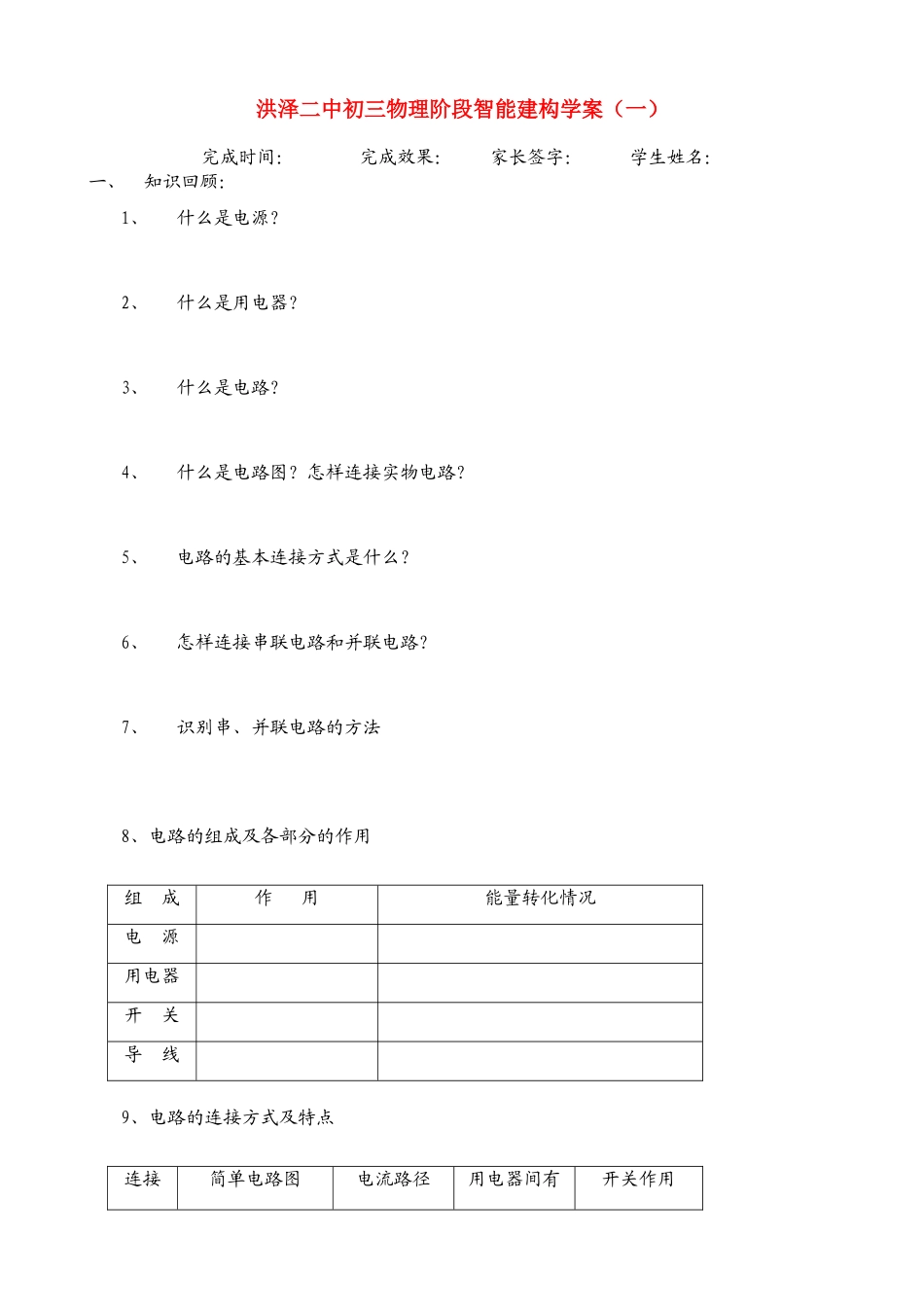 江苏洪泽二中九年级物理阶段智能建构学案（一）苏科版_第1页