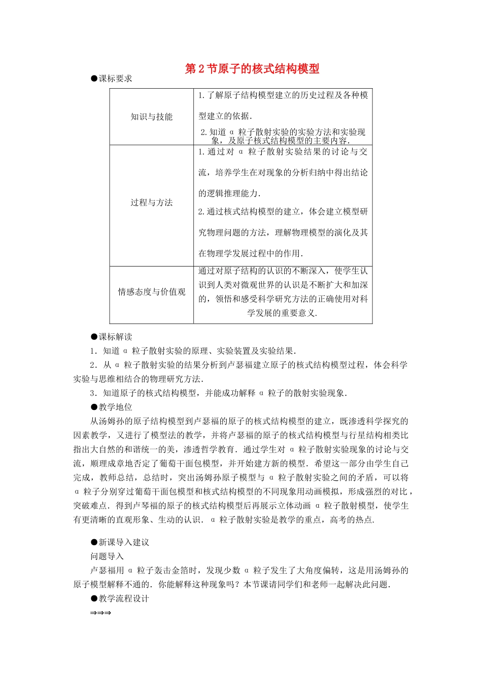 高中物理 第2章 原子结构 2.2 原子的核式结构模型教案 鲁科版选修3-5-鲁科版高二选修3-5物理教案_第1页