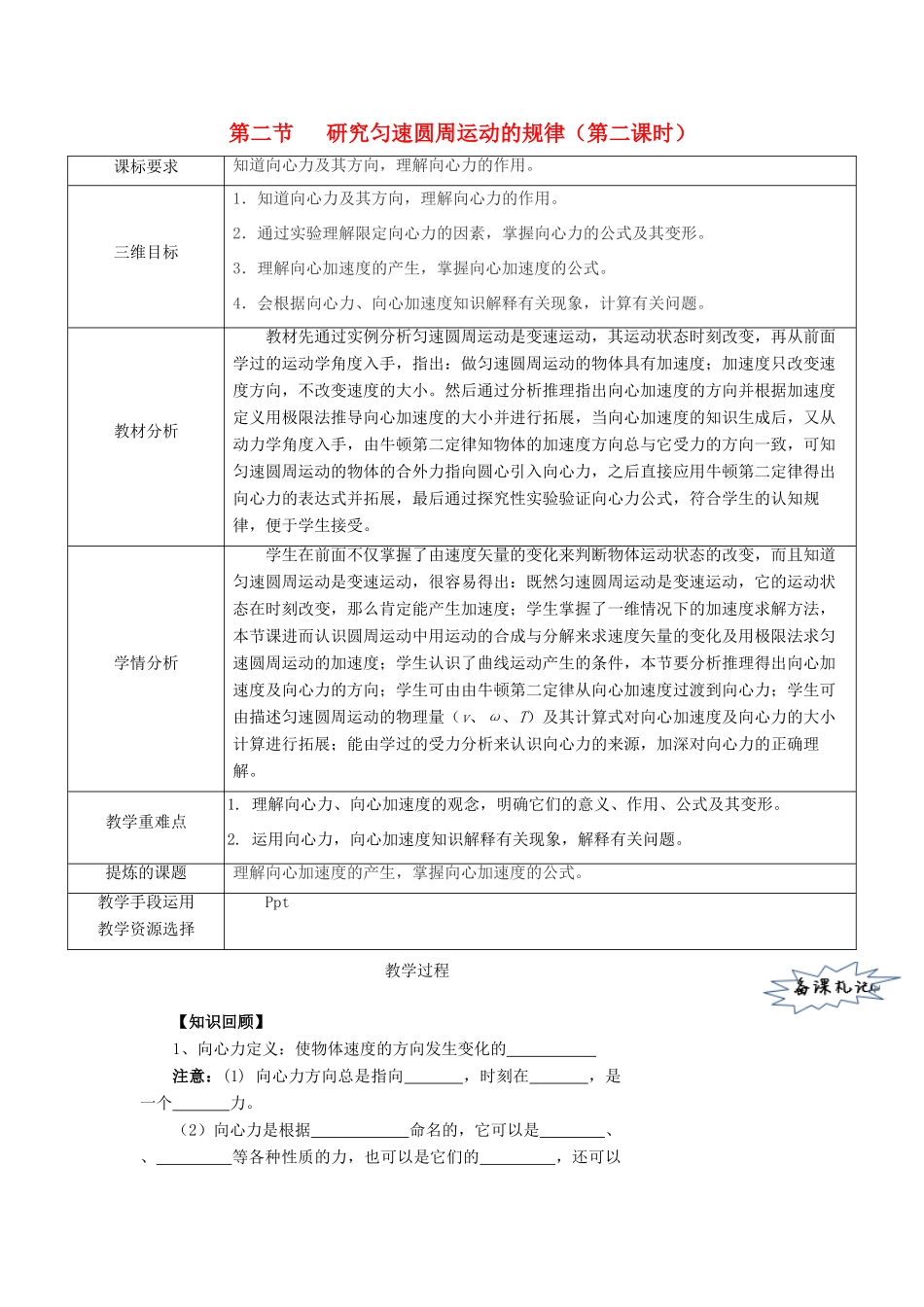 高中物理 第2章 研究圆周运动 2.2 研究匀速圆周运动的规律（第2课时）教案 沪科版必修2-沪科版高一必修2物理教案_第1页