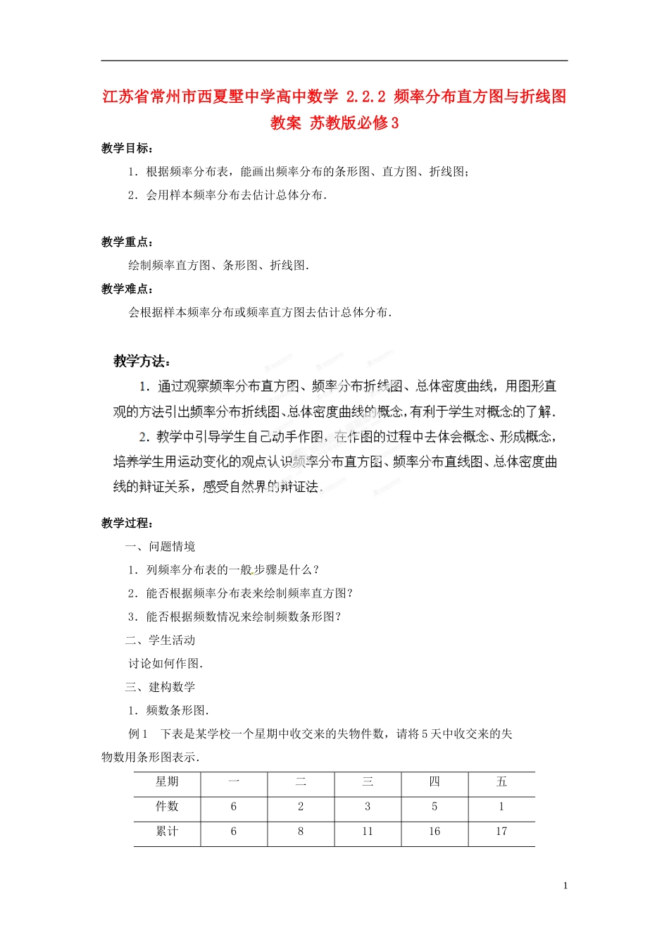 江苏省常州市西夏墅中学高中数学 2.2.2 频率分布直方图与折线图教案 苏教版必修3_第1页