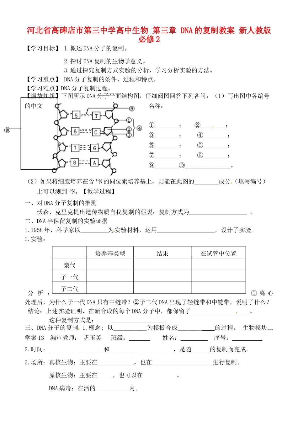 河北省高碑店市第三中学高中生物 第三章 DNA的复制教案 新人教版必修2_第1页