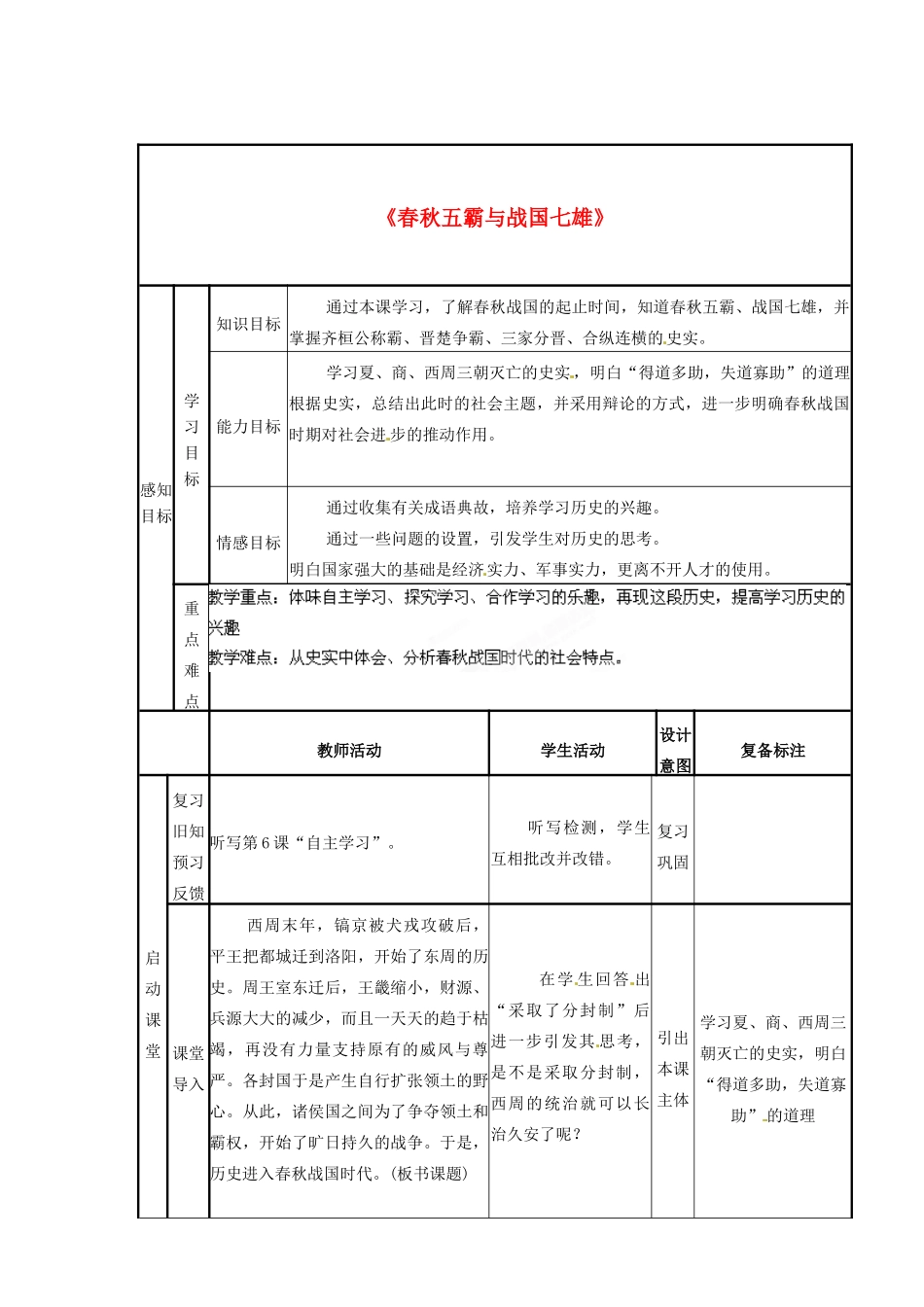 山东省邹平县实验中学七年级历史上册 第7课《春秋五霸与战国七雄》学案（无答案） 北师大版_第1页