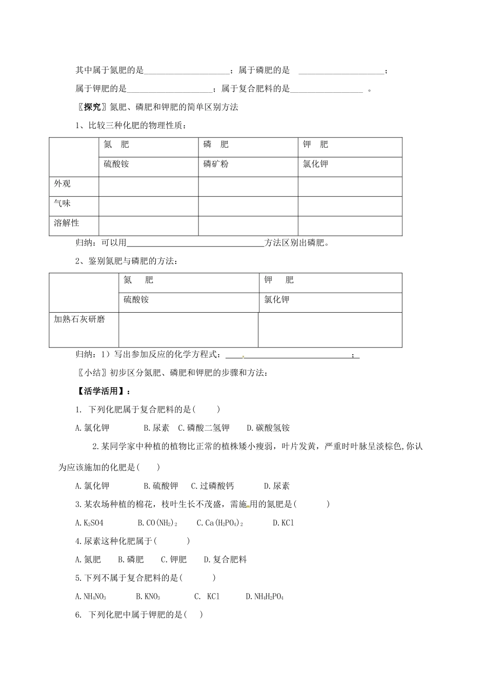 九年级化学下册 8.5 化学肥料导学案 （新版）粤教版-（新版）粤教版初中九年级下册化学学案_第2页