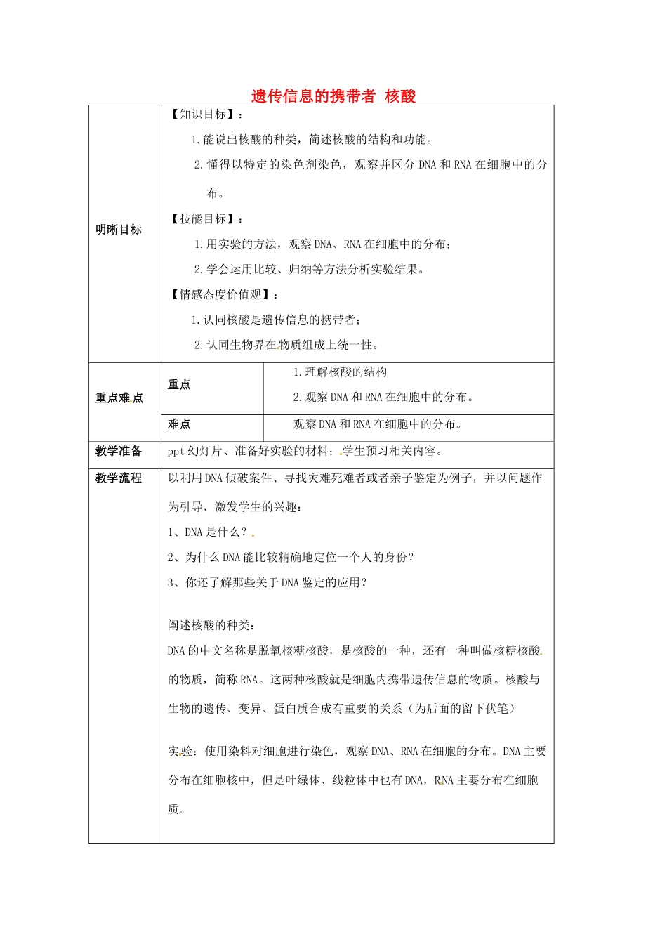 云南省师范大学五华区实验中学高中生物 第二章 组成细胞的分子 第三节 遗传信息的携带者 核酸教案 新人教版必修1_第1页