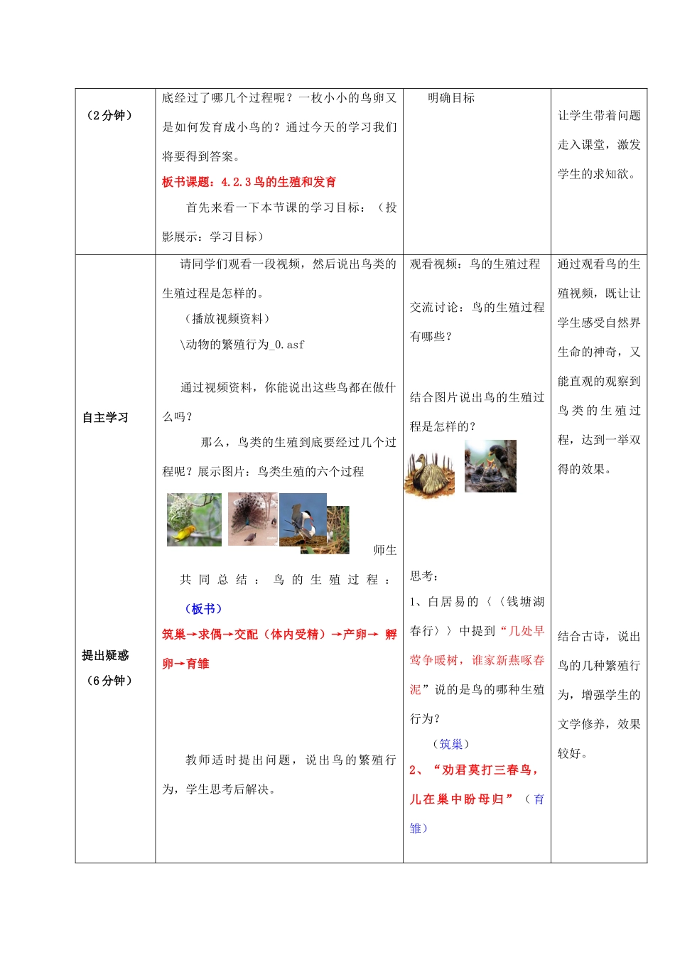 2014年秋八年级生物上册 第4单元 第2章 第3节 鸟的生殖和发育教案1 （新版）济南版_第2页