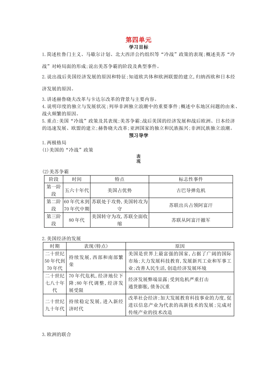 九年级历史下册 第4单元 复习导学案 中华书局版-中华书局版初中九年级下册历史学案_第1页