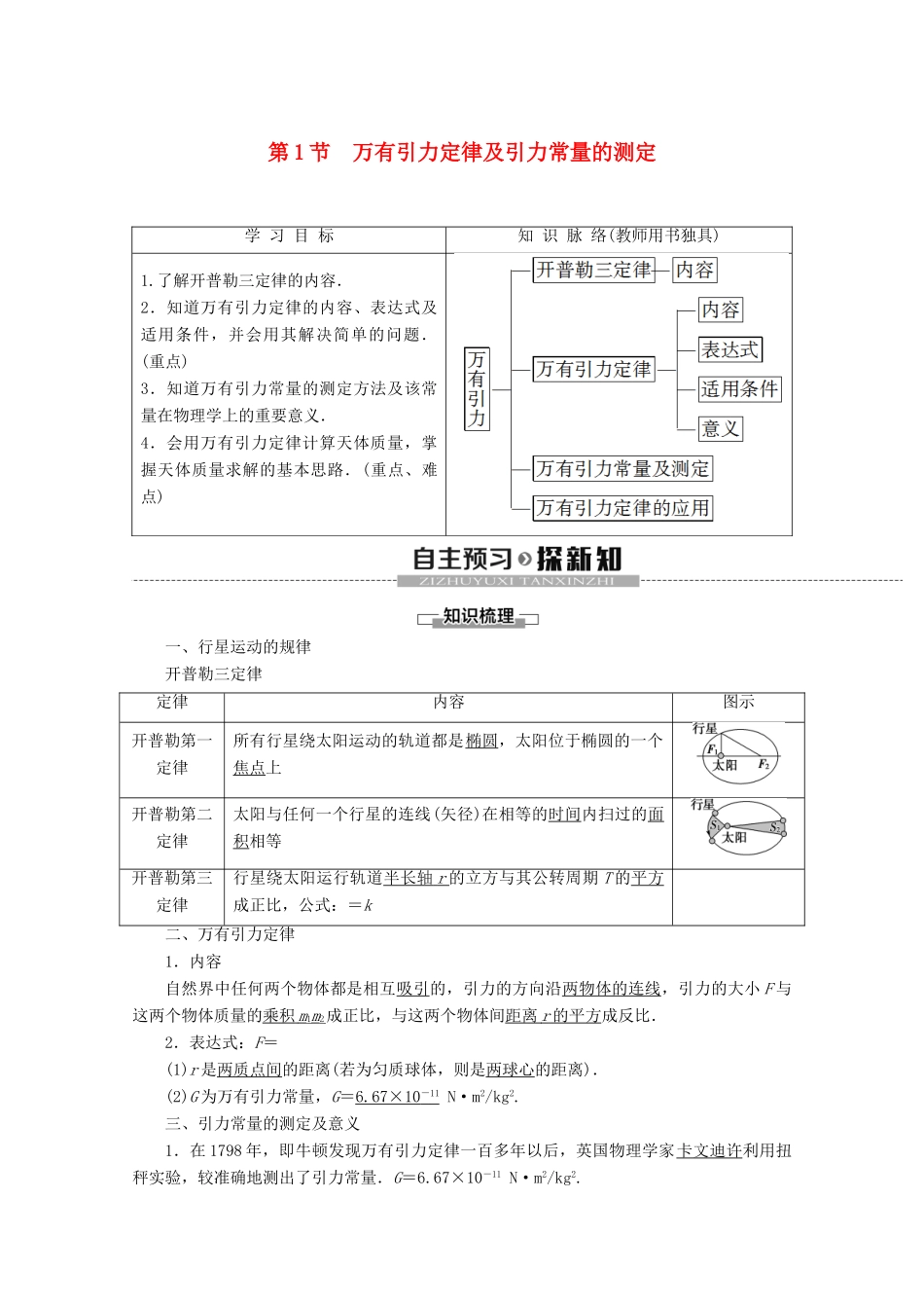 高中物理 第5章 第1节 万有引力定律及引力常量的测定教案 鲁科版必修2-鲁科版高一必修2物理教案_第1页