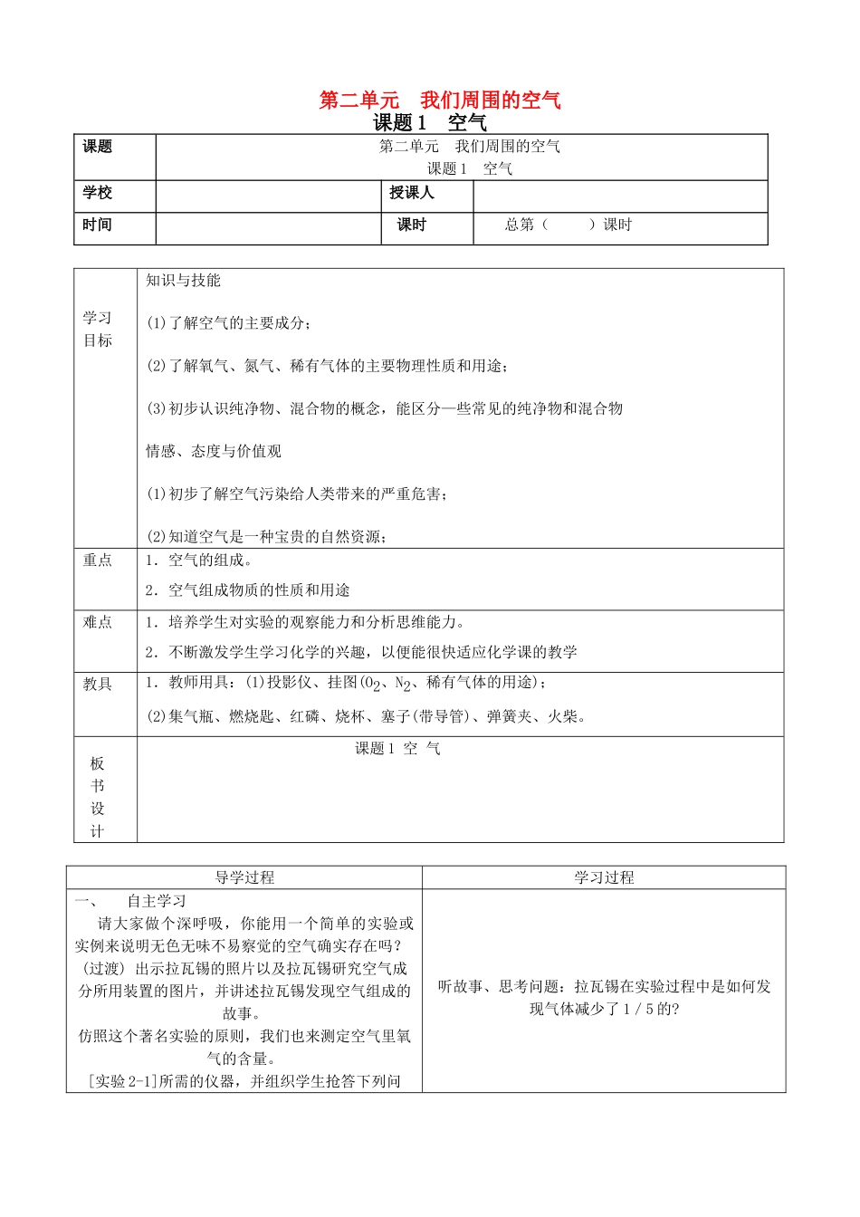 山东省郯城县郯城街道初级中学九年级化学上册 第二单元 我们周围的空气 课题1 空气学案2（无答案） 新人教版_第1页