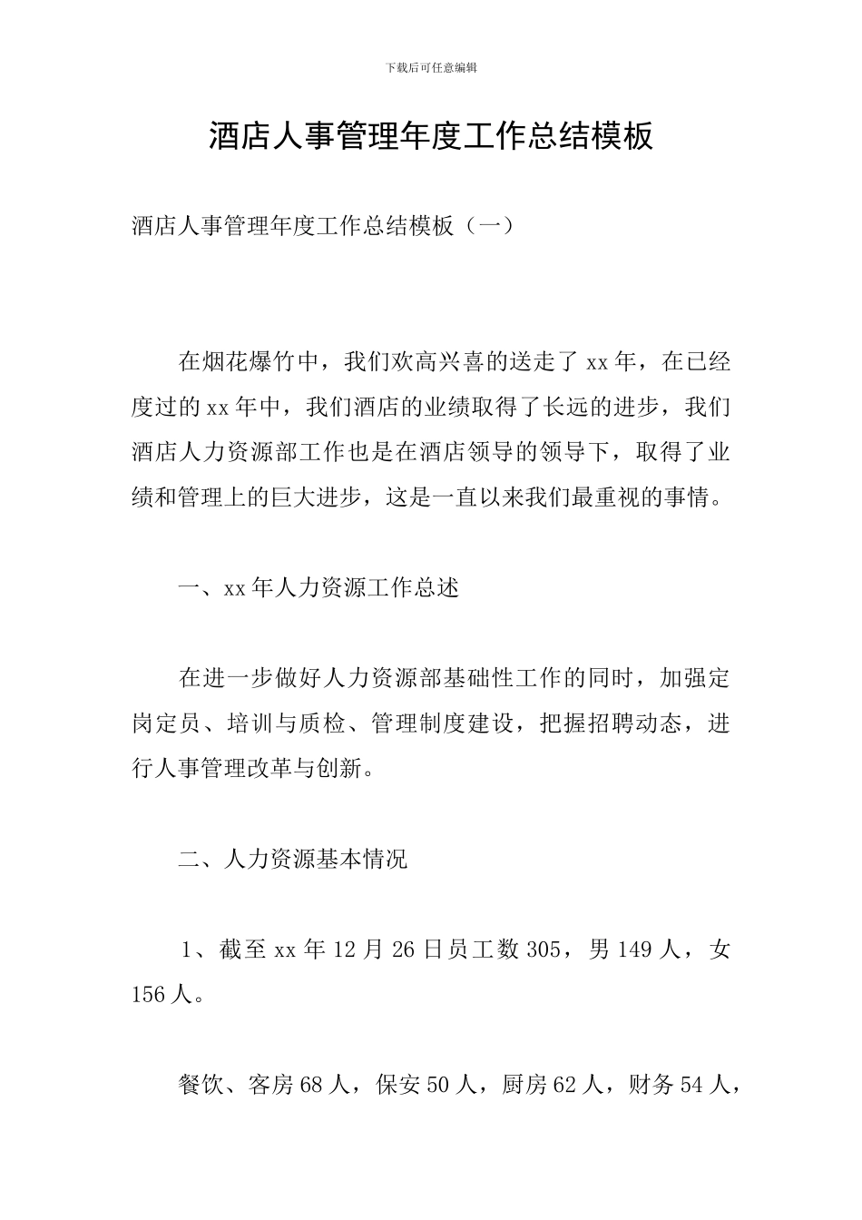 酒店人事管理年度工作总结模板_第1页