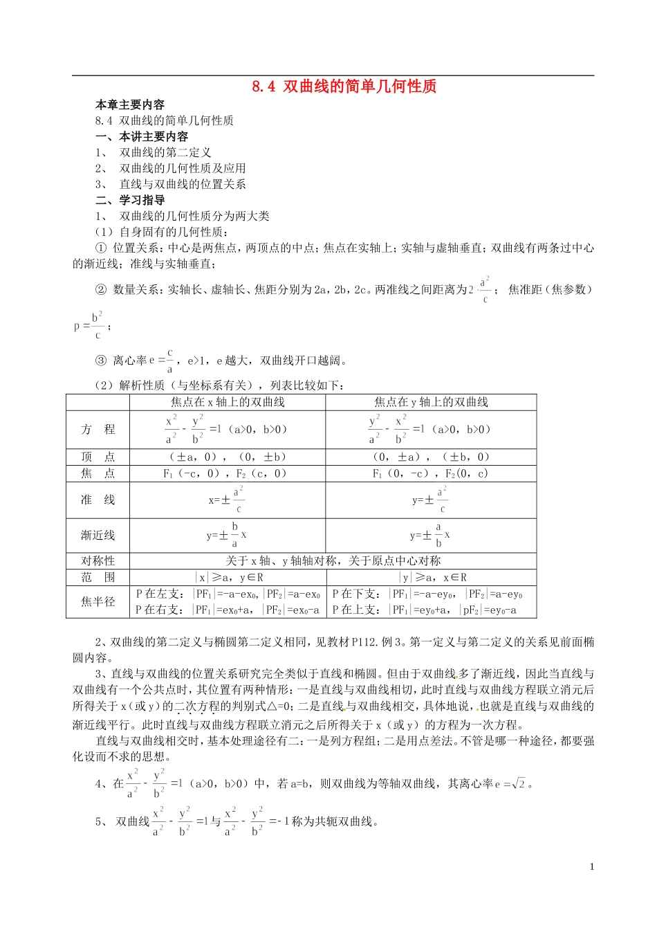 山东省冠县武训高级中学高二数学 8.4 双曲线的简单几何性质同步辅导教材_第1页