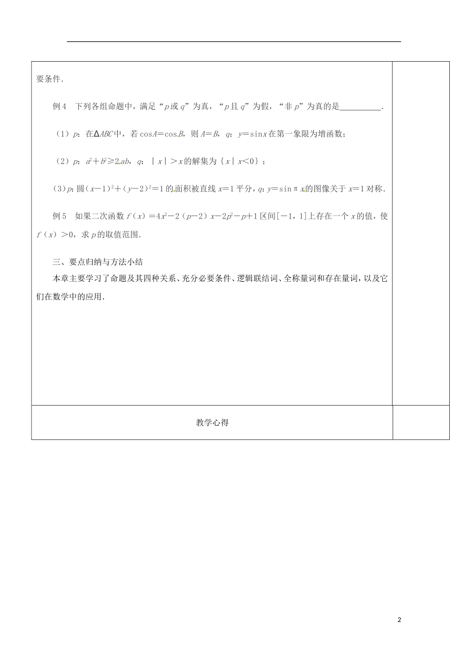 重庆市万州分水中学高中数学《第1章 复习与小结》教案 苏教版选修2-1_第2页