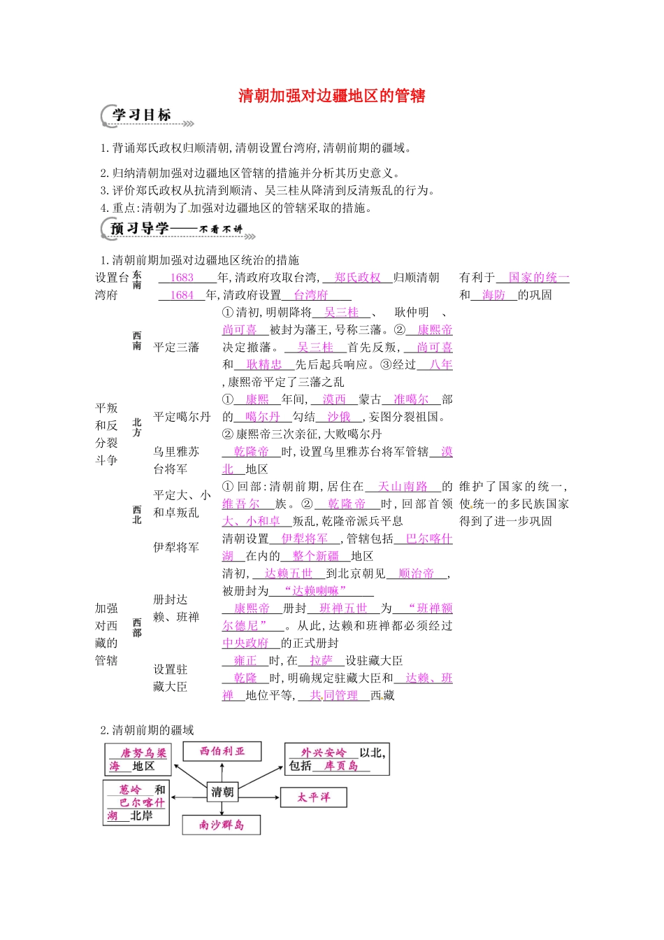 七年级历史下册 第七单元 第20课 清朝加强对边疆地区的管辖学案 岳麓版-岳麓版初中七年级下册历史学案_第1页