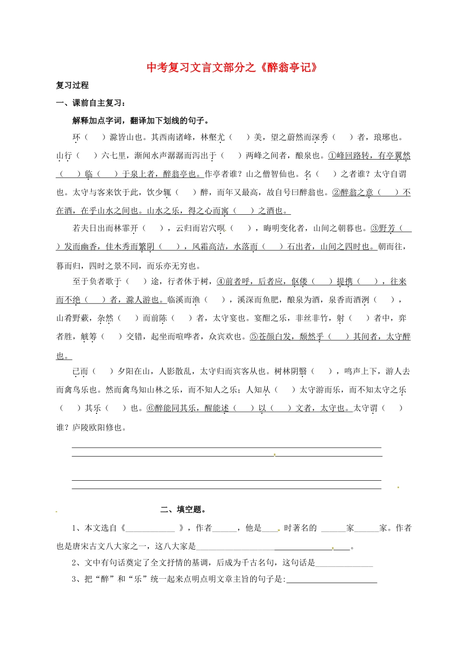 江苏省盐城市中考语文 文言文部分《醉翁亭记》复习学案-人教版初中九年级全册语文学案_第1页
