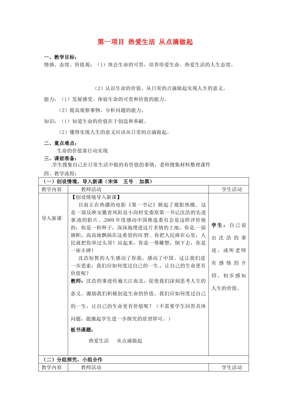 七年级思想品德上册 热爱生活从点滴做起教学设计 鲁教版教材_第1页