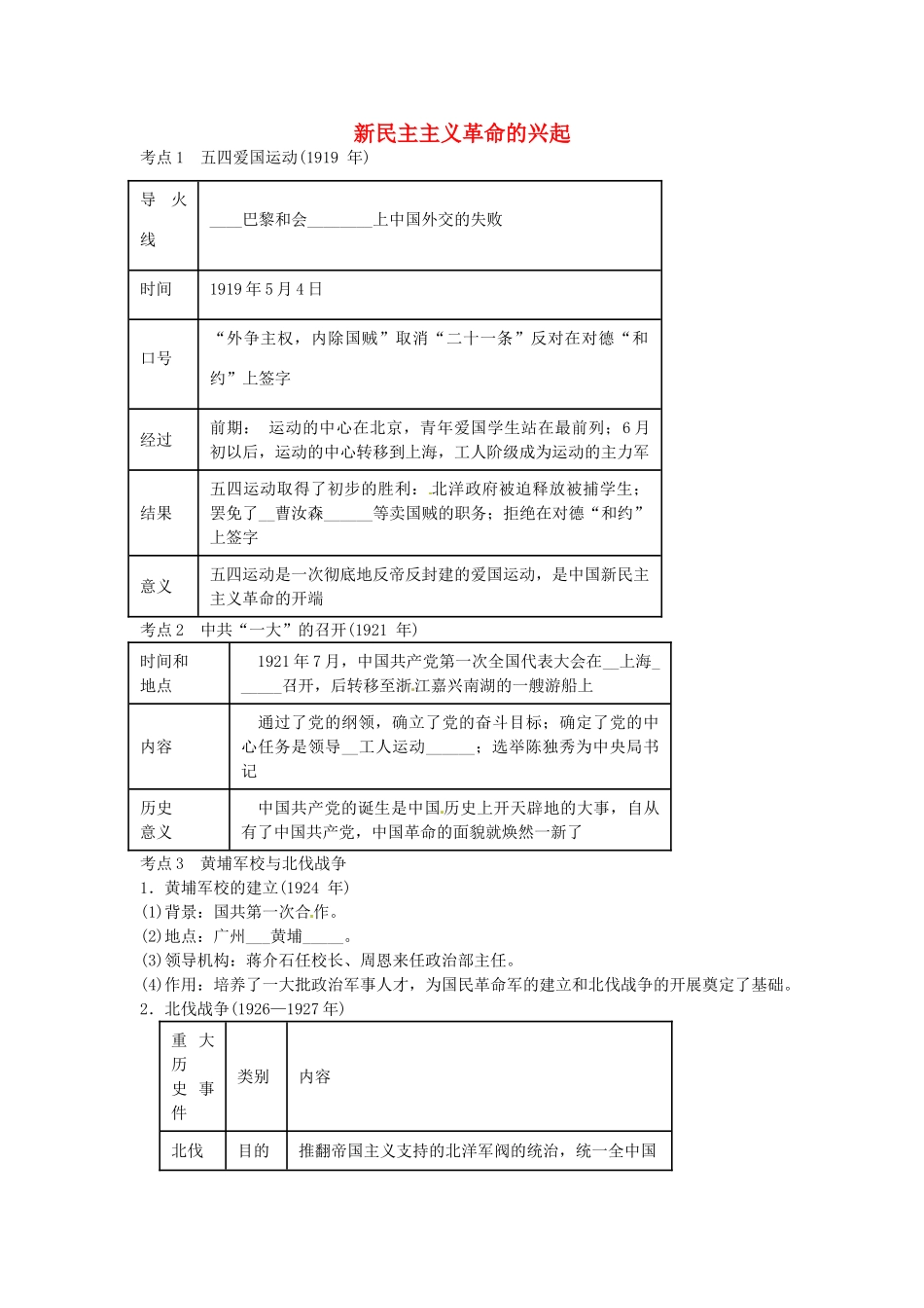 中考历史第一轮复习 新民主主义革命的兴起导学案-人教版初中九年级全册历史学案_第1页
