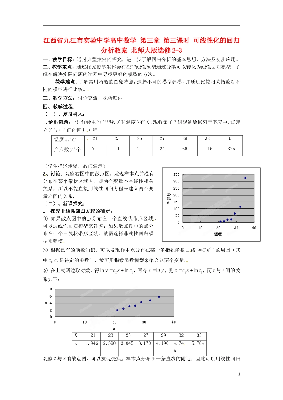 江西省九江市实验中学高中数学 第三章 第三课时 可线性化的回归分析教案 北师大版选修2-3_第1页