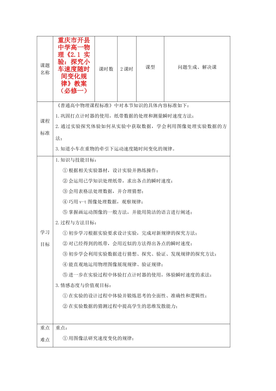 重庆市开县中学高中物理《2.1 实验：探究小车速度随时间变化规律》教案 新人教版必修1_第1页