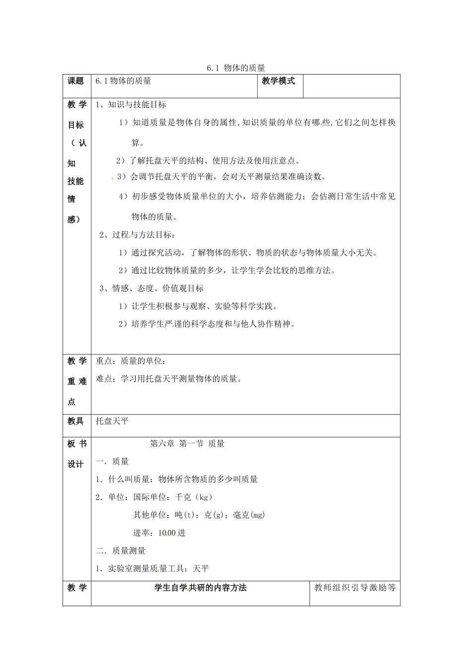 2015年春八年级物理下册 6.1 物体的质量教案 （新版）苏科版_第1页