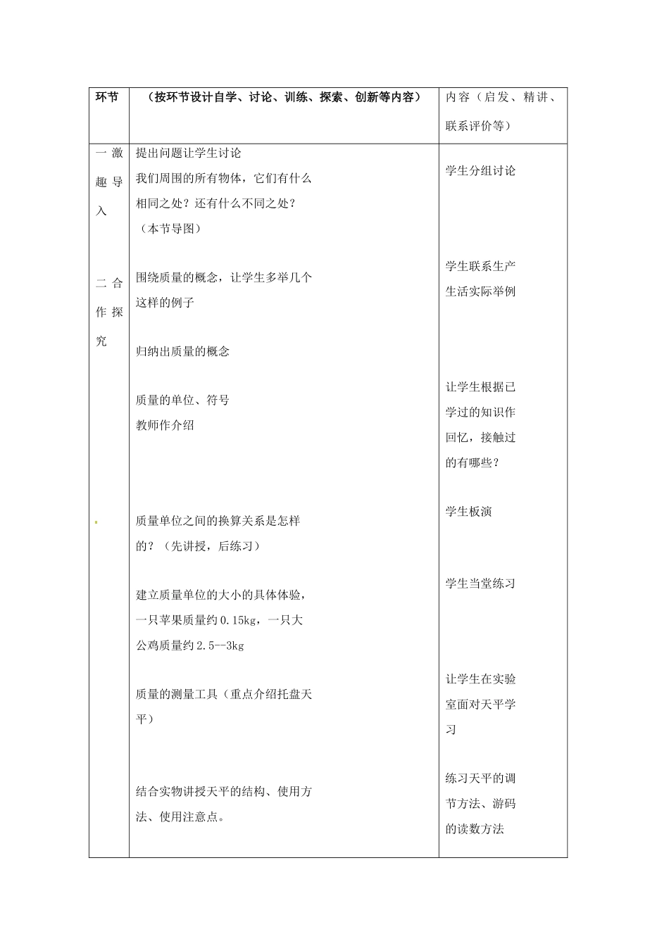 2015年春八年级物理下册 6.1 物体的质量教案 （新版）苏科版_第2页