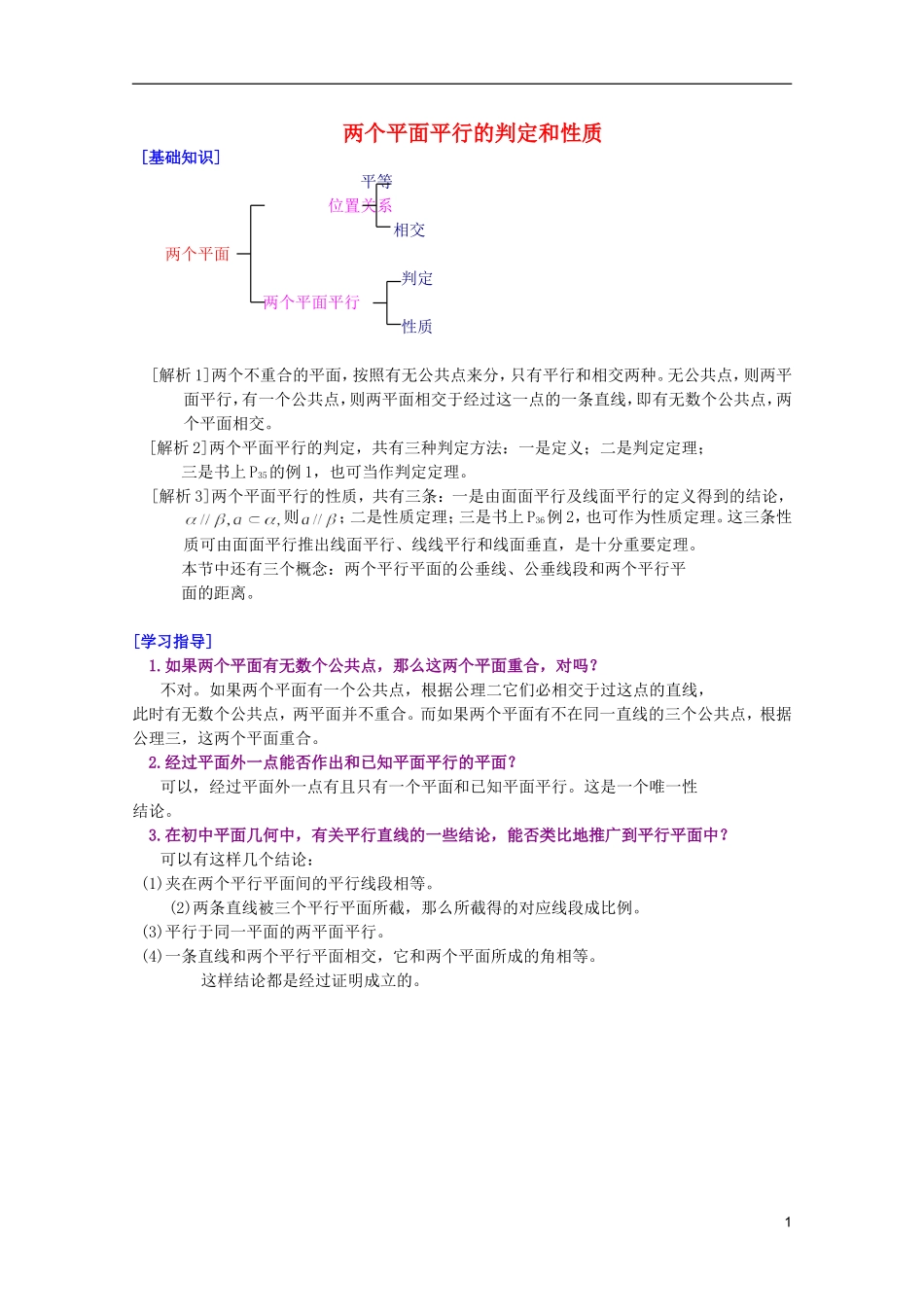 江西乐安一中高二数学 27两个平面平行的判定和性质培优教案_第1页