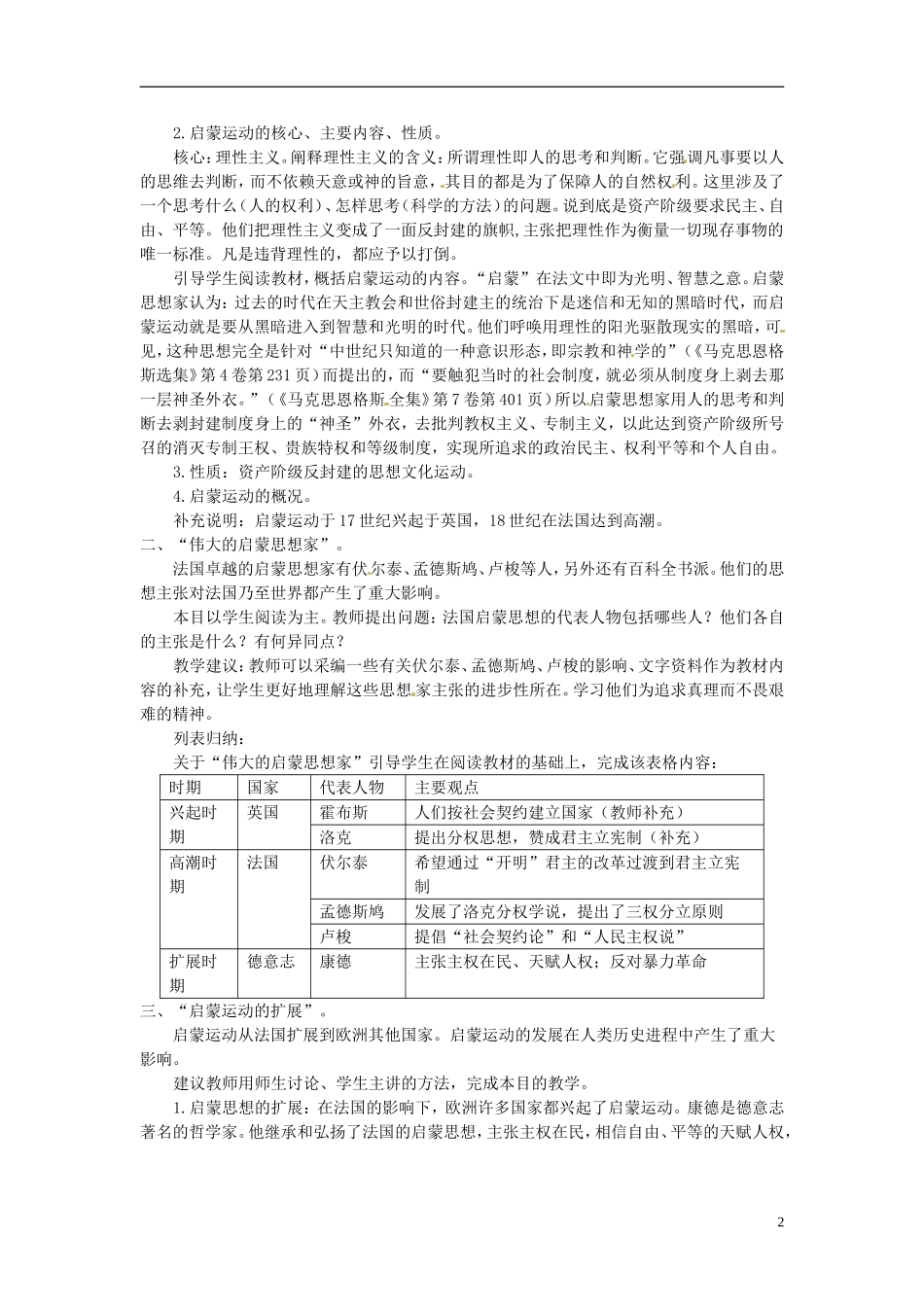 天津市梅江中学高中历史 第七课启蒙运动教案 新人教版必修3_第2页