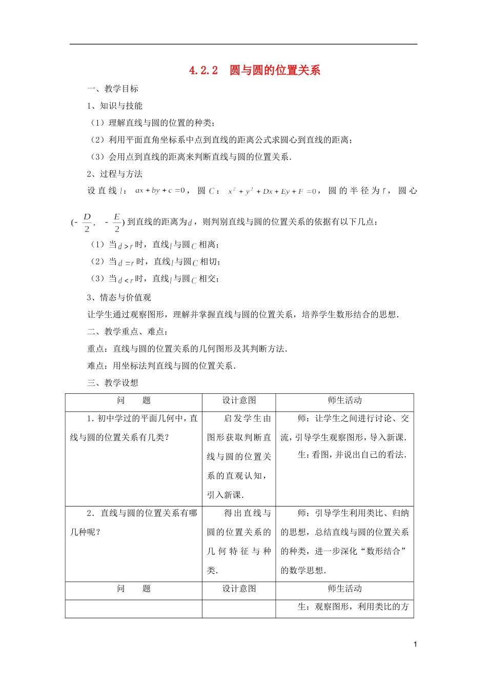 江苏省麒麟中学高中数学 4.2.1直线与圆的位置关系教案 苏教版必修2_第1页