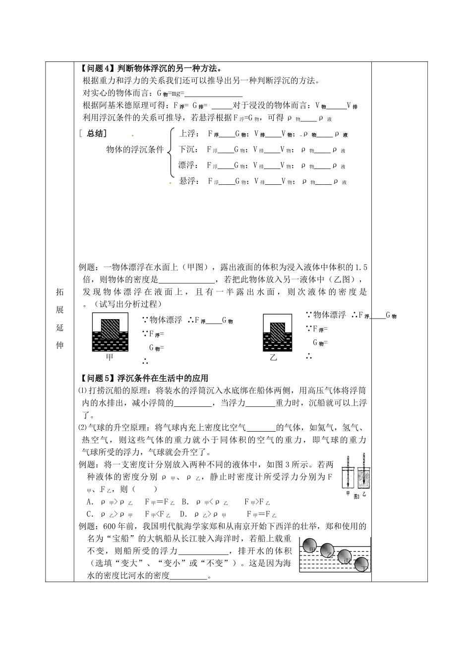 2015年春八年级物理下册 10.5 物体的浮与沉导学案（无答案）（新版）苏科版_第2页