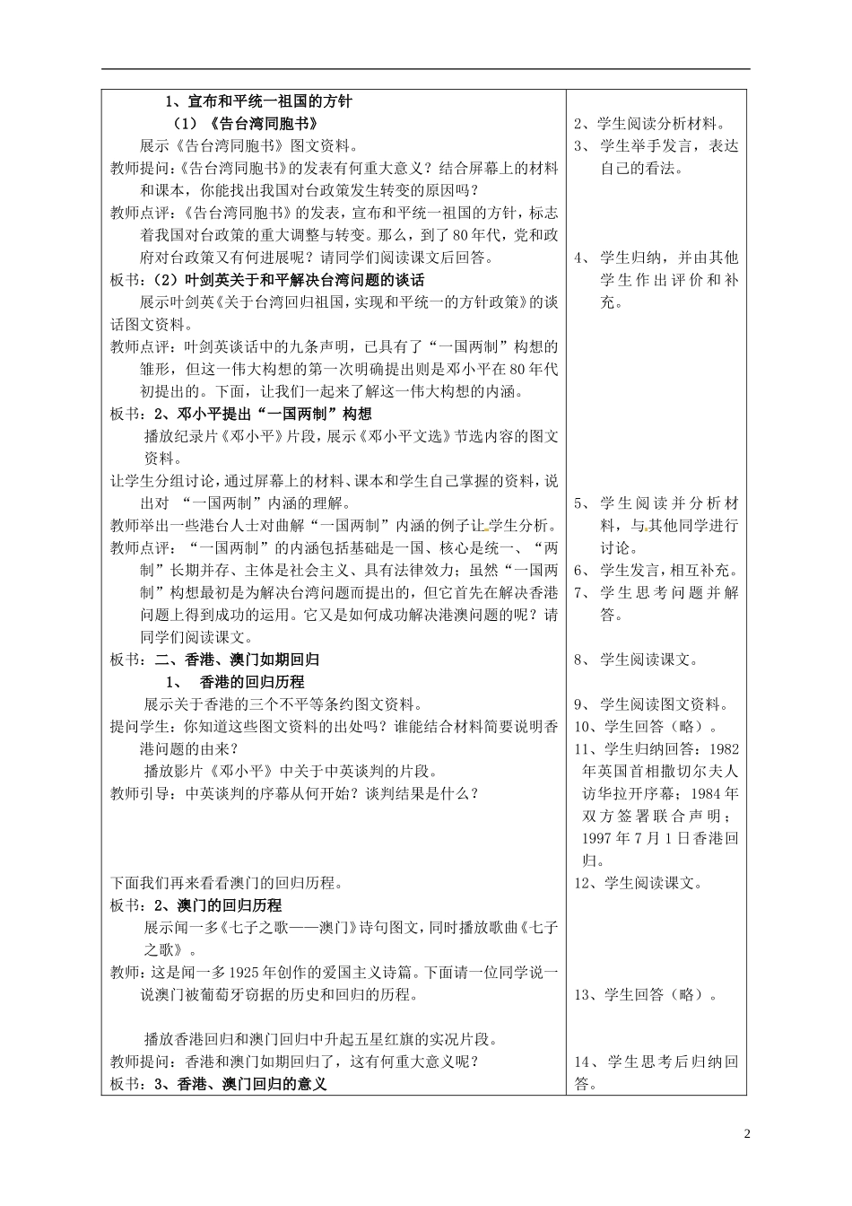 湖南省宁乡县实验中学高中历史 一国两制教案 人民版必修1_第2页