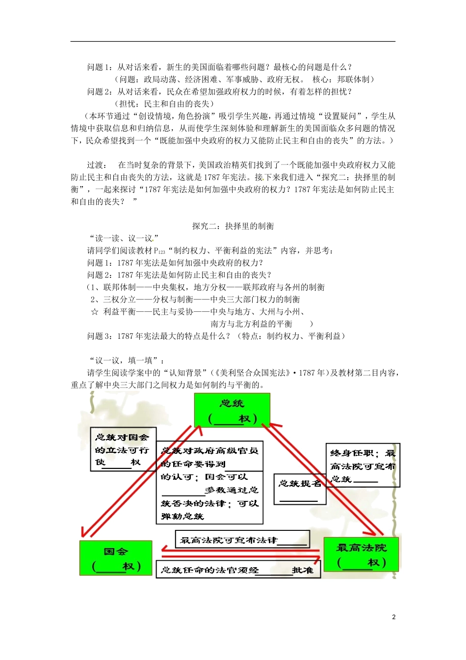 湖南省双峰县花门镇第一中学高中历史 7.2美国1787年宪法教案 人民版必修1_第2页