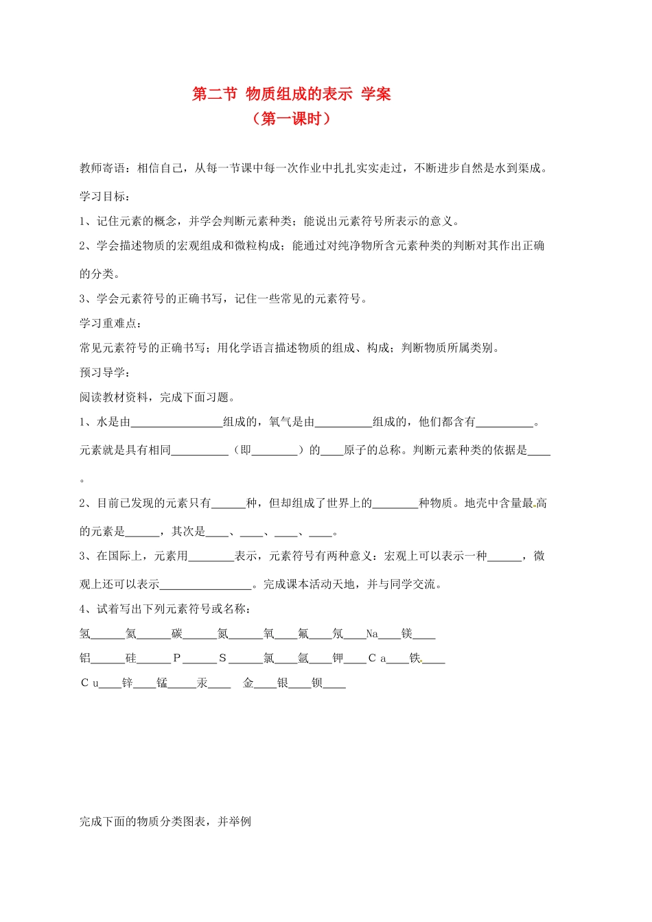 九年级化学 3.2《物质组成的表示》学案（无答案） 鲁教版_第1页