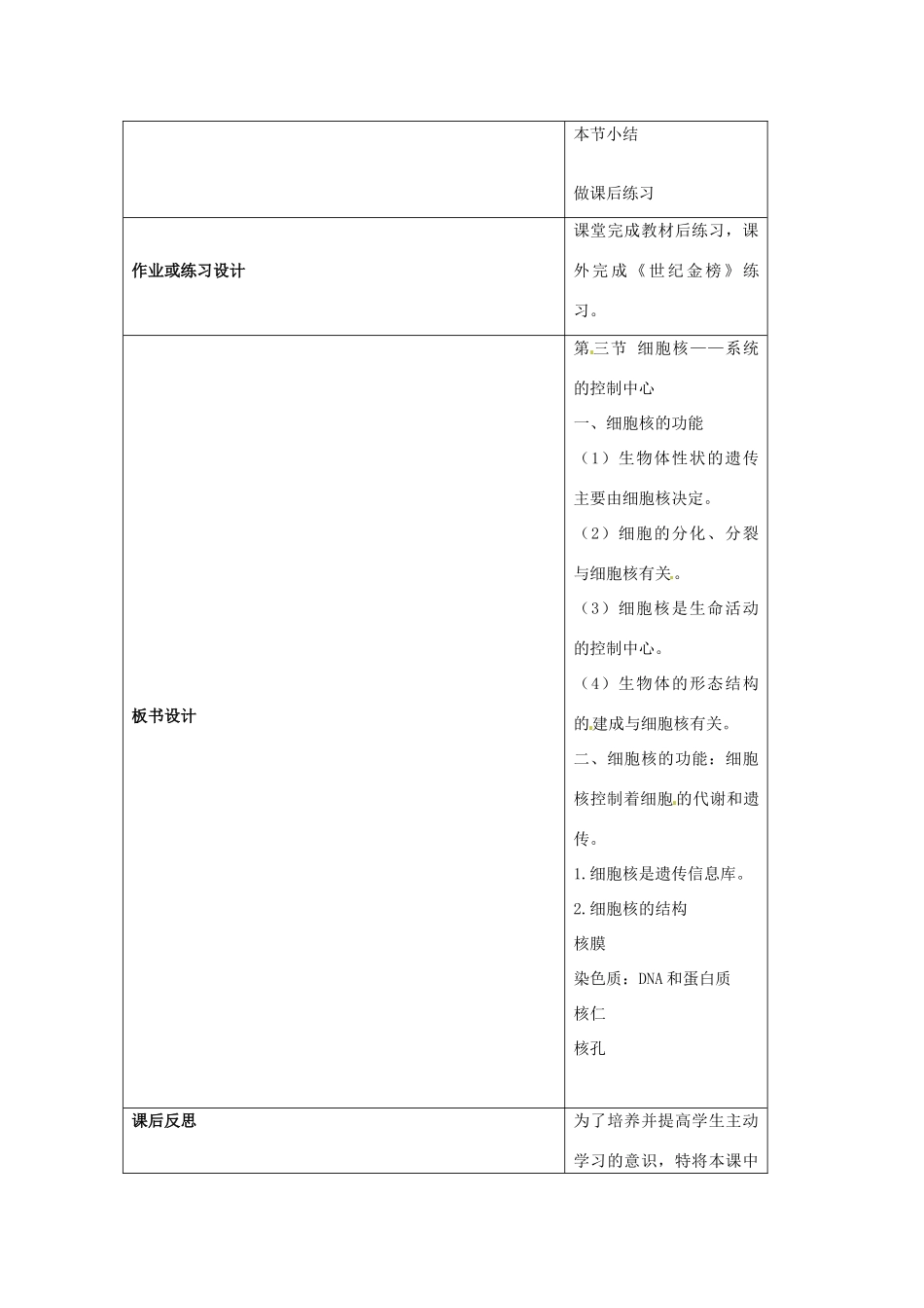 云南省师范大学五华区实验中学高中生物 第四章 细胞的基本结构 第三节 细胞核 系统的控制中心教案 新人教版必修1_第3页