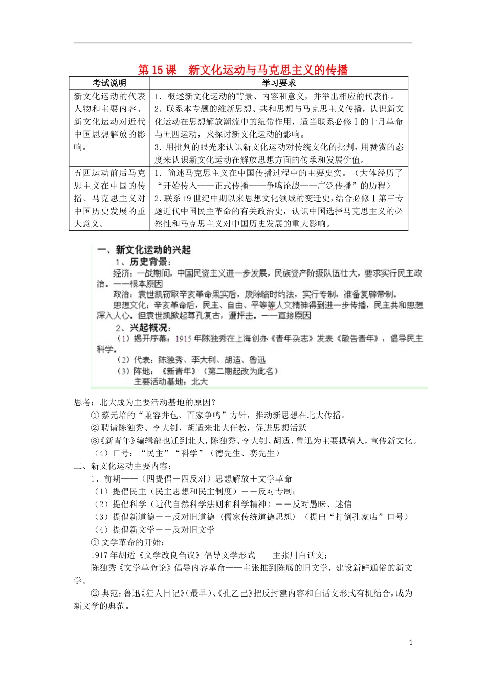 湖南省新田县高中历史 第15课 新文化运动与马克思主义的传播教案 新人教版必修3_第1页