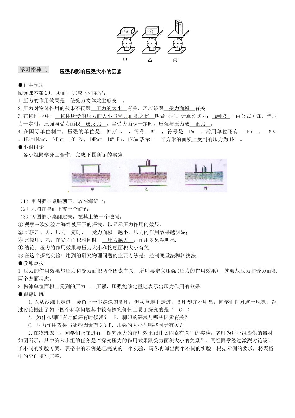 八年级物理下册 第九章 压强 第1节 压强导学案 （新版）新人教版-（新版）新人教版初中八年级下册物理学案_第2页