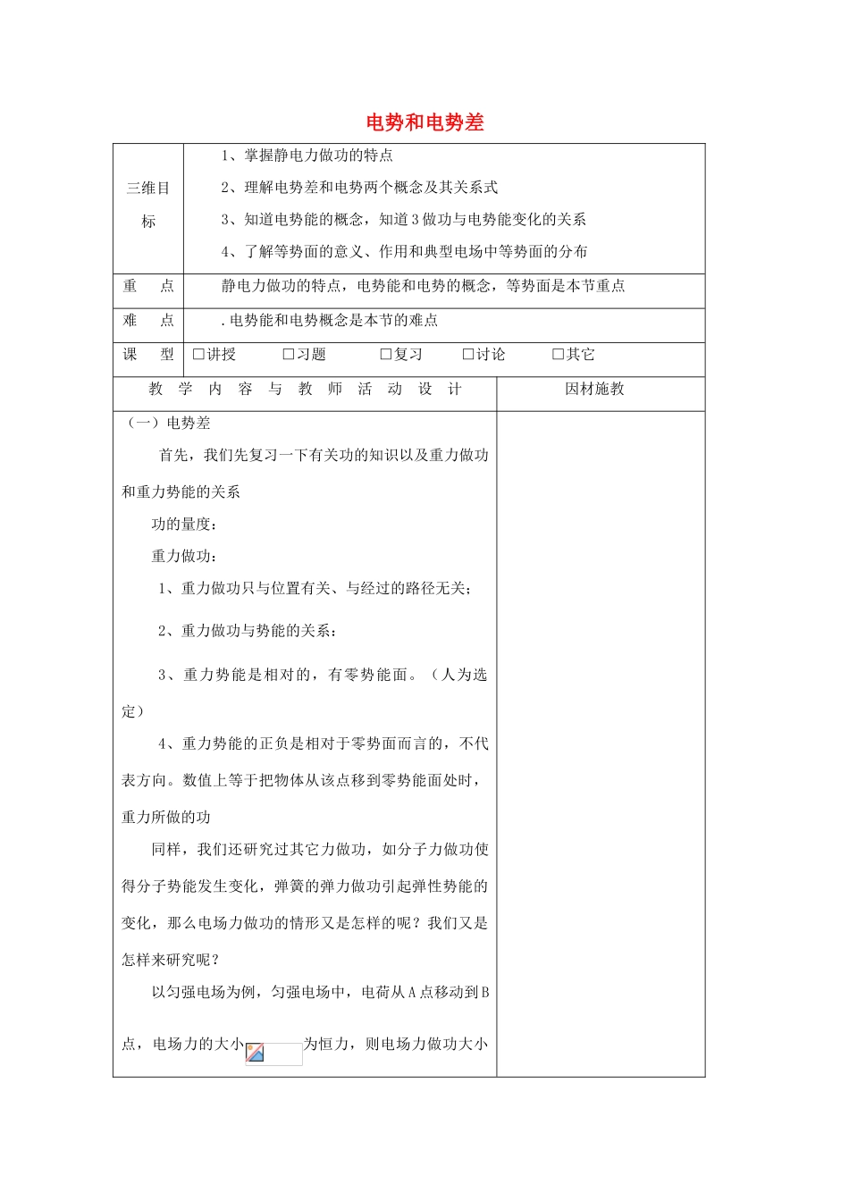 高中物理 第一章 电场 1.4 电势和电势差教案 粤教版选修3-1-粤教版高二选修3-1物理教案_第1页