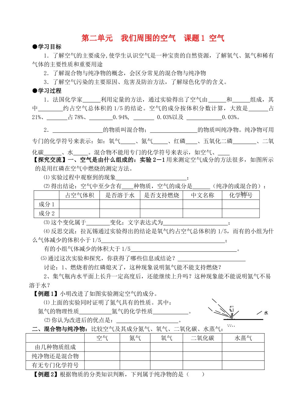 山东省郯城县郯城街道初级中学九年级化学上册 第二单元 我们周围的空气 课题1 空气学案1（无答案） 新人教版_第1页