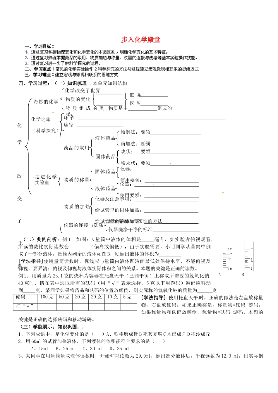 山东省乳山市西苑学校八年级化学全册 第一单元 步入化学殿堂复习学案（无答案） 鲁教版五四制_第1页