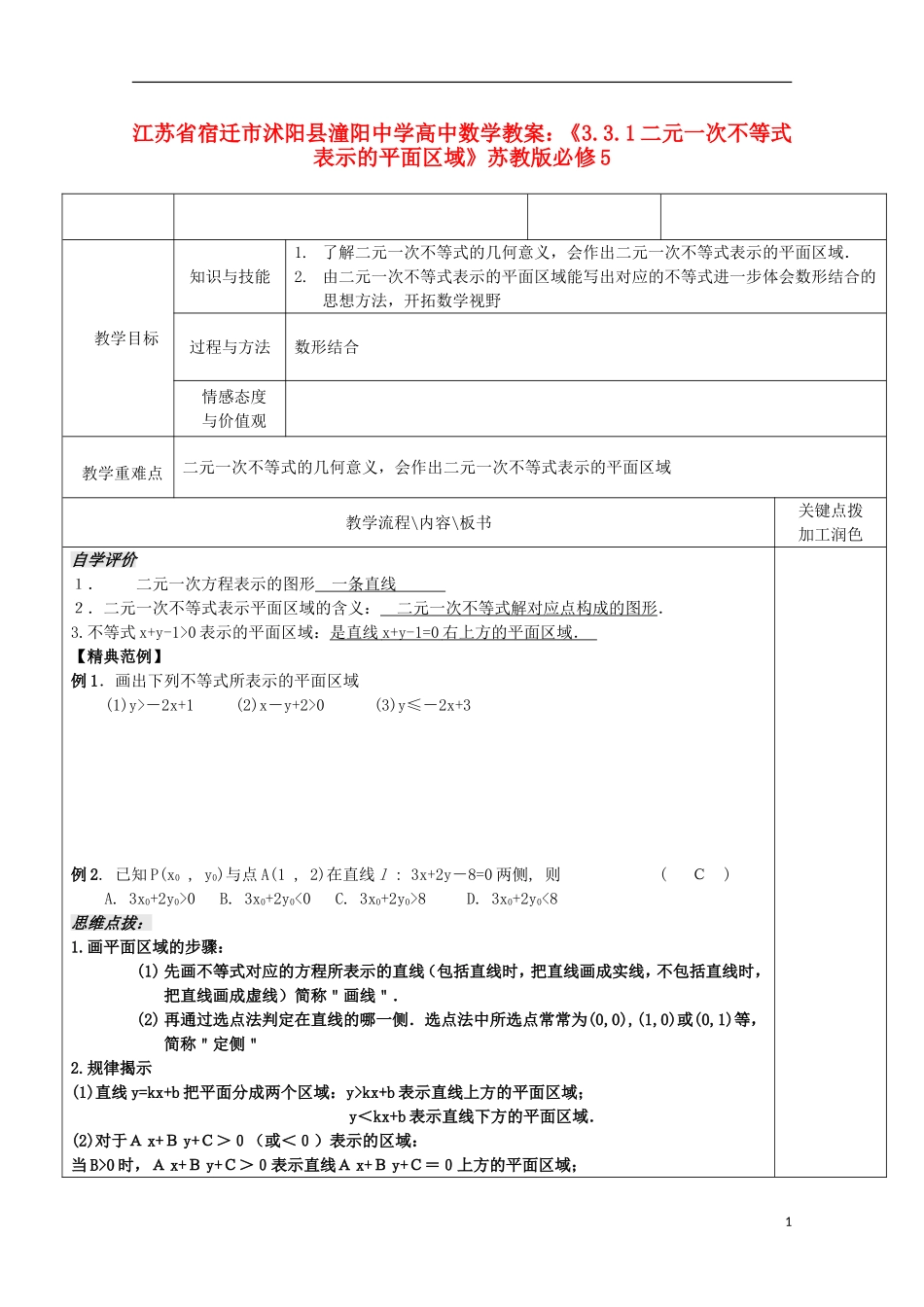 江苏省宿迁市沭阳县潼阳中学高中数学《3.3.1二元一次不等式表示的平面区域》教案 苏教版必修5_第1页