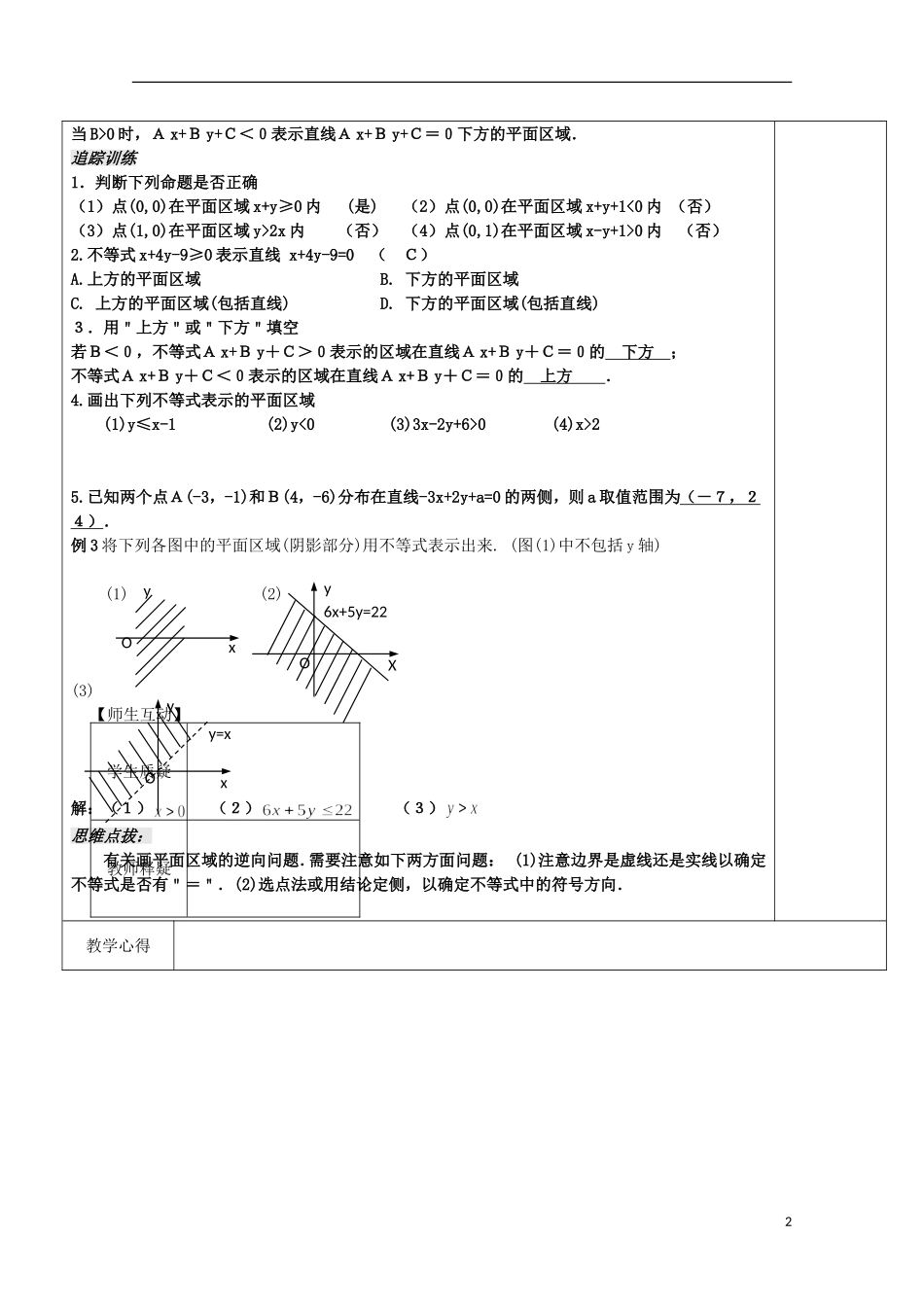 江苏省宿迁市沭阳县潼阳中学高中数学《3.3.1二元一次不等式表示的平面区域》教案 苏教版必修5_第2页