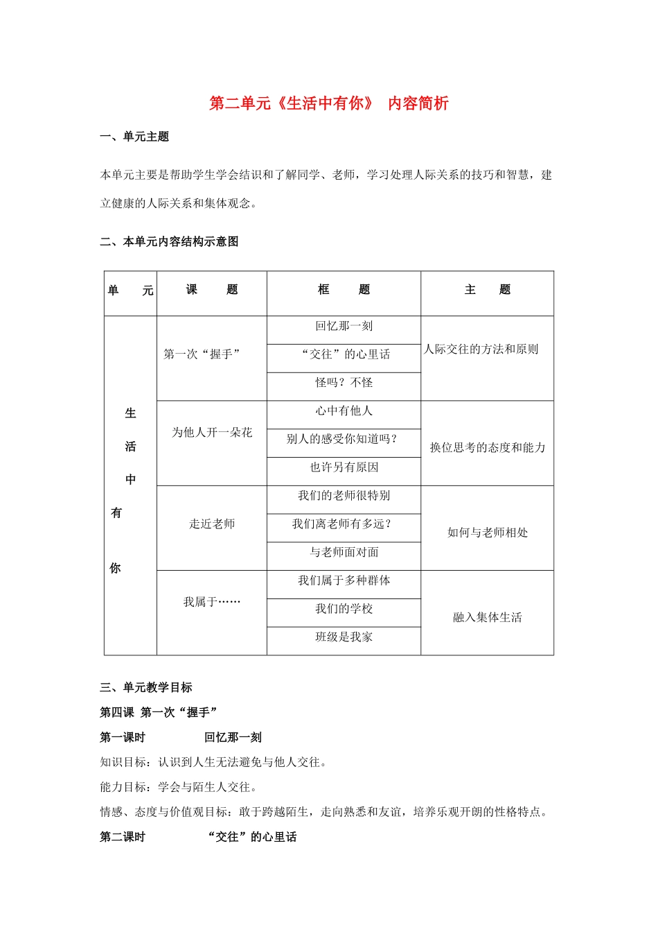 七年级政治上： 第二单元 生活中有你 （教学设计）人民版教材_第1页