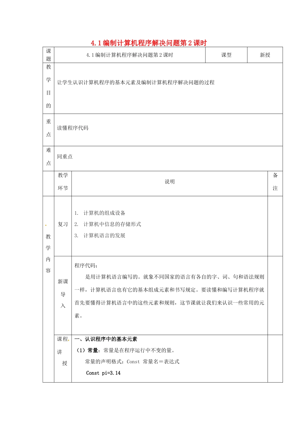 高中信息技术 4.1编制计算机程序解决问题 第2课时教案 粤教版必修1-粤教版高一必修1信息技术教案_第1页