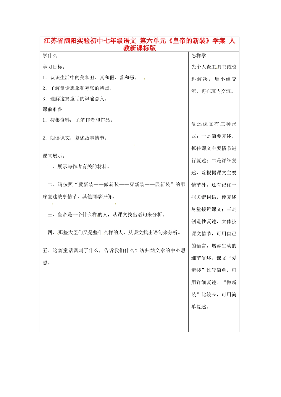 江苏省泗阳实验初中七年级语文 第六单元《皇帝的新装》学案 人教新课标版_第1页