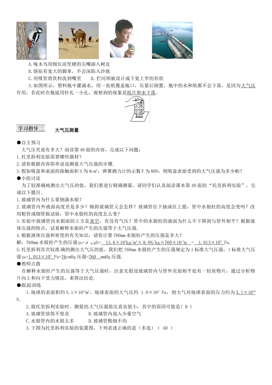 八年级物理下册 第九章 压强 第3节 大气压强导学案 （新版）新人教版-（新版）新人教版初中八年级下册物理学案_第2页