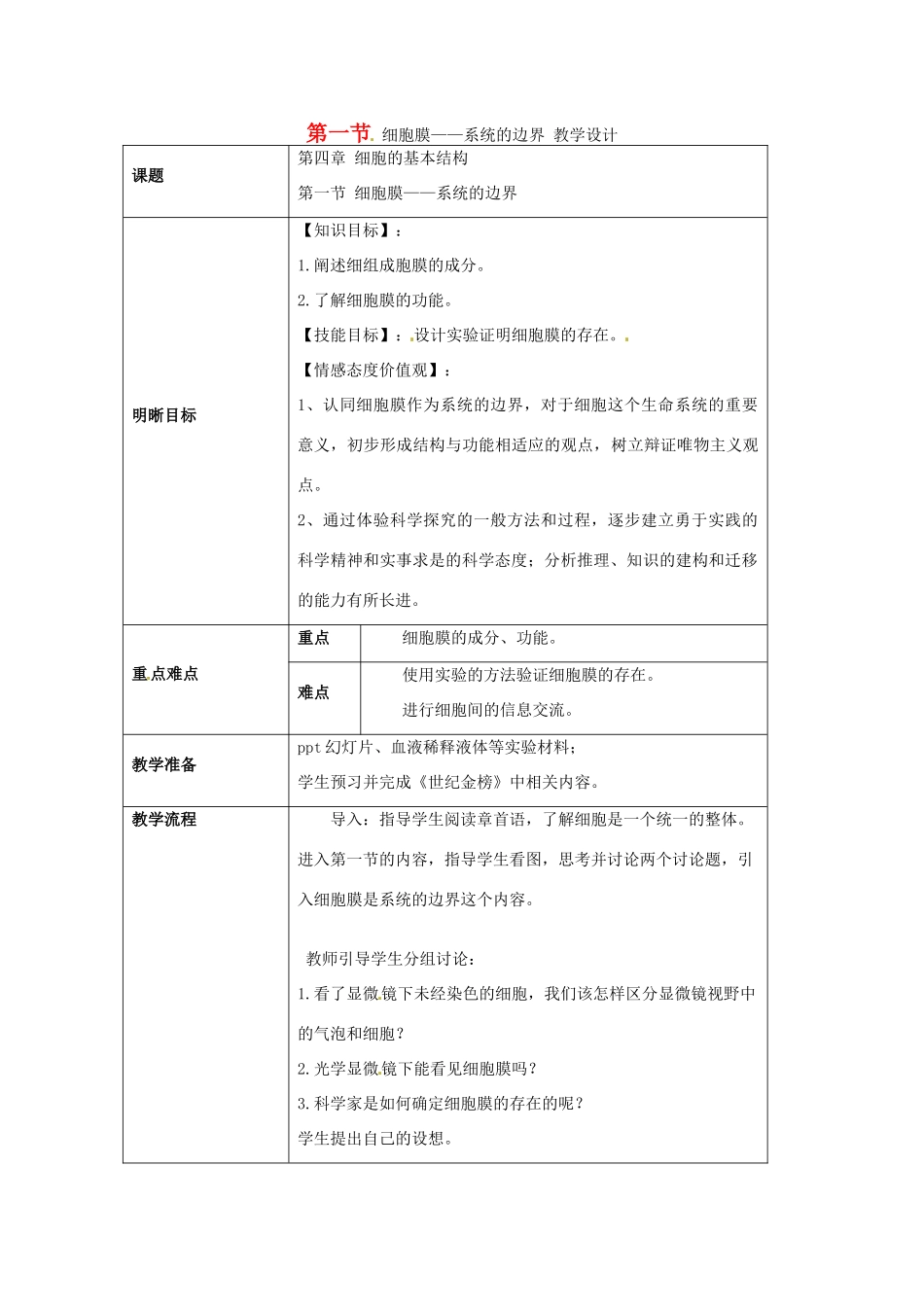 云南省师范大学五华区实验中学高中生物 第四章 细胞的基本结构 第一节 细胞膜 系统的边界教案 新人教版必修1_第1页